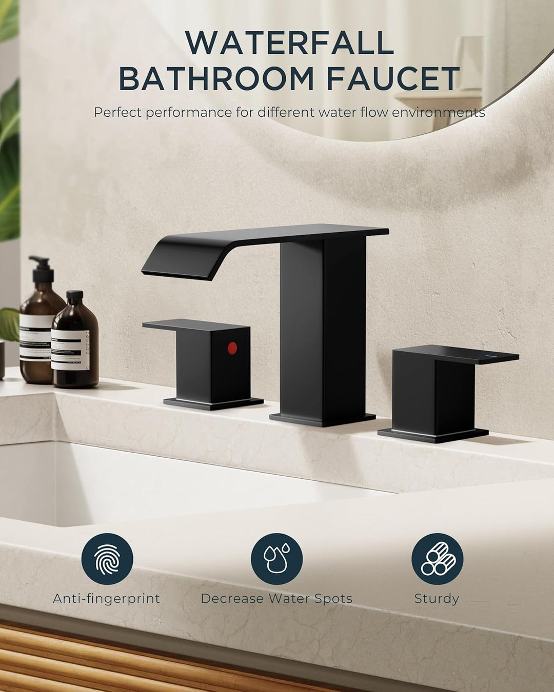 LuxeFlow™ Waterfall Bathroom Faucet – Elegant Widespread Design with Pop-Up Drain